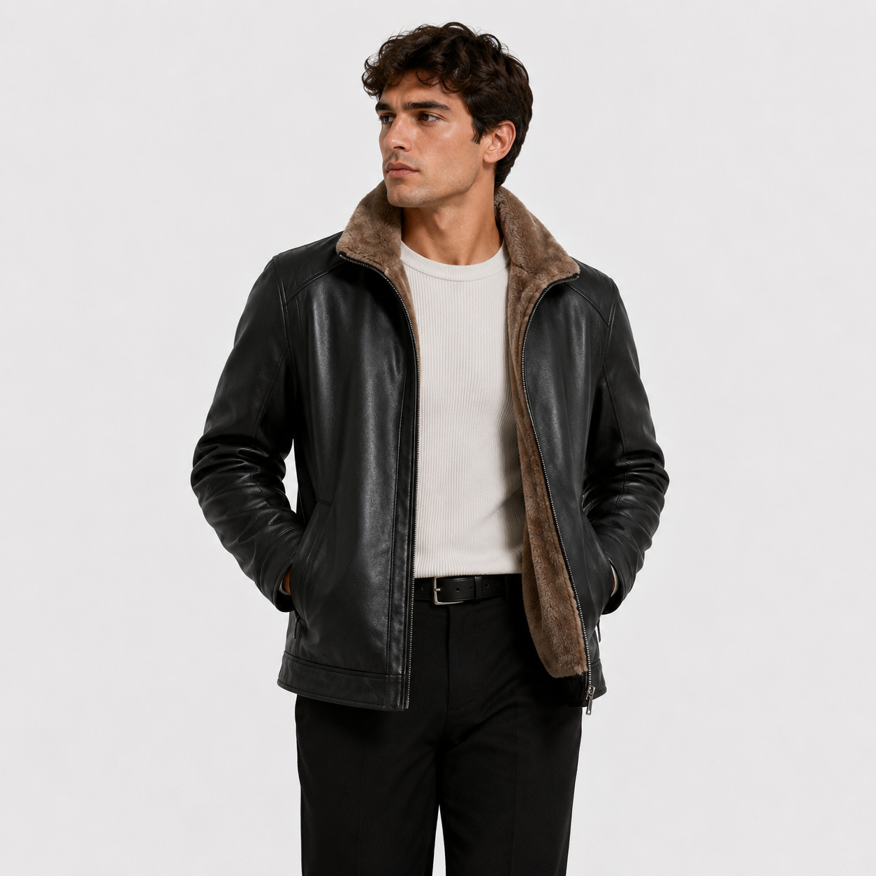 A man wearing a black leather jacket with a brown shearling-style collar, layered over a white ribbed sweater and black trousers, photographed against a light gray studio background.
