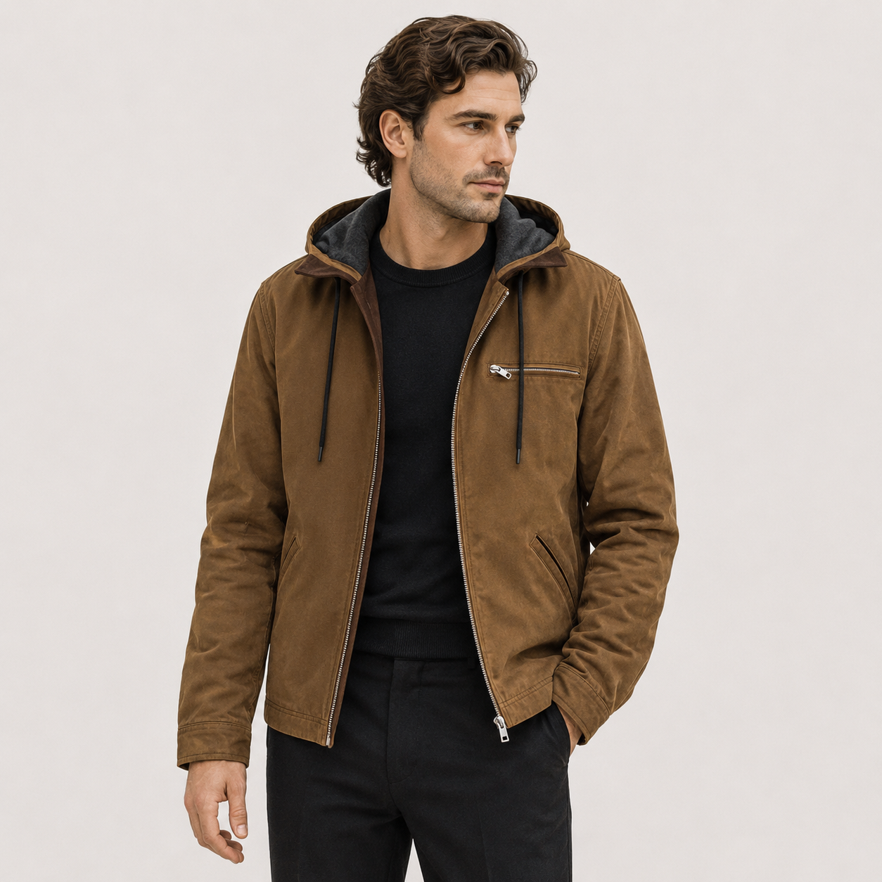 A man wearing a brown hooded jacket with a dark gray interior lining, styled over a black t-shirt and black pants, photographed against a light gray studio background.