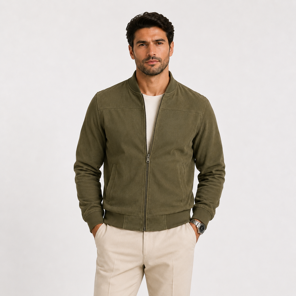 A man wearing an olive green zip-up bomber jacket over a white t-shirt and beige trousers, standing against a light gray studio background.