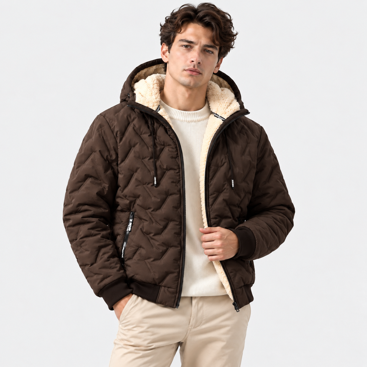 A man wearing a dark brown quilted puffer jacket with a cream sherpa-lined hood and collar, styled over a cream knit sweater and beige trousers, against a light gray studio background.