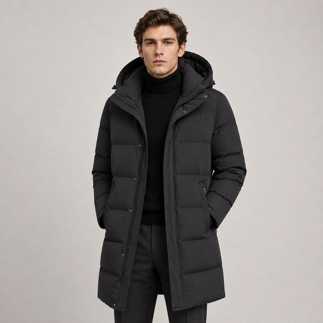 A man wearing a long black hooded puffer jacket over a black turtleneck sweater and dark trousers, standing against a plain light gray studio background.