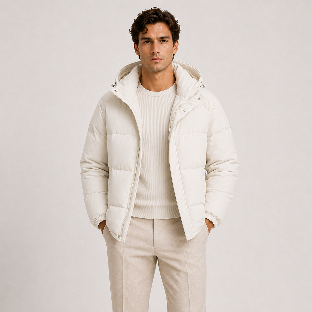 A man wearing a cream-colored hooded puffer jacket over a matching cream sweater and light beige trousers, standing against a plain light gray studio background.