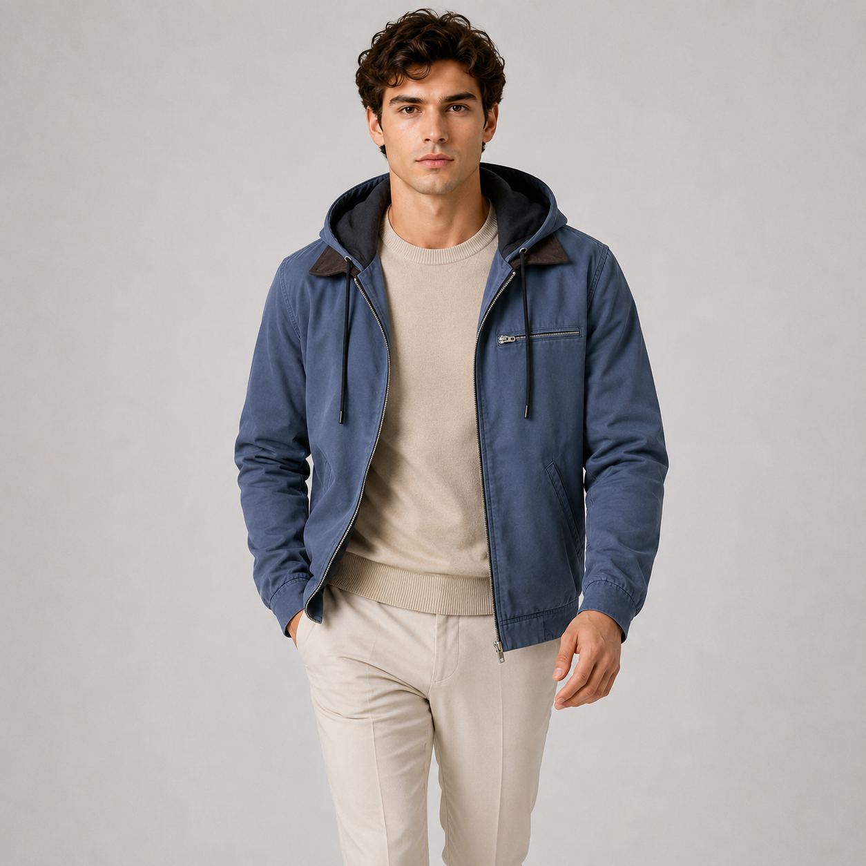 A man wearing a blue hooded zip-up jacket with dark brown collar lining, layered over a beige crewneck sweater and cream trousers, standing against a neutral gray studio background.