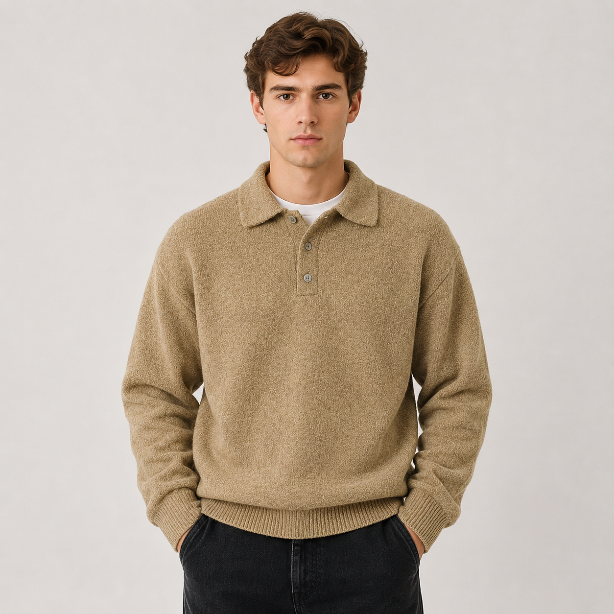 A man wearing a beige knit polo sweater over a white t-shirt and dark jeans, standing against a light gray studio background.