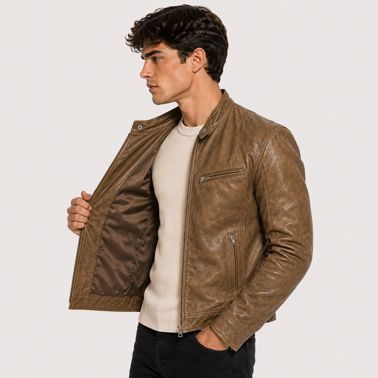 A man wearing a brown leather jacket over a cream ribbed sweater and black pants, standing against a light gray studio background.