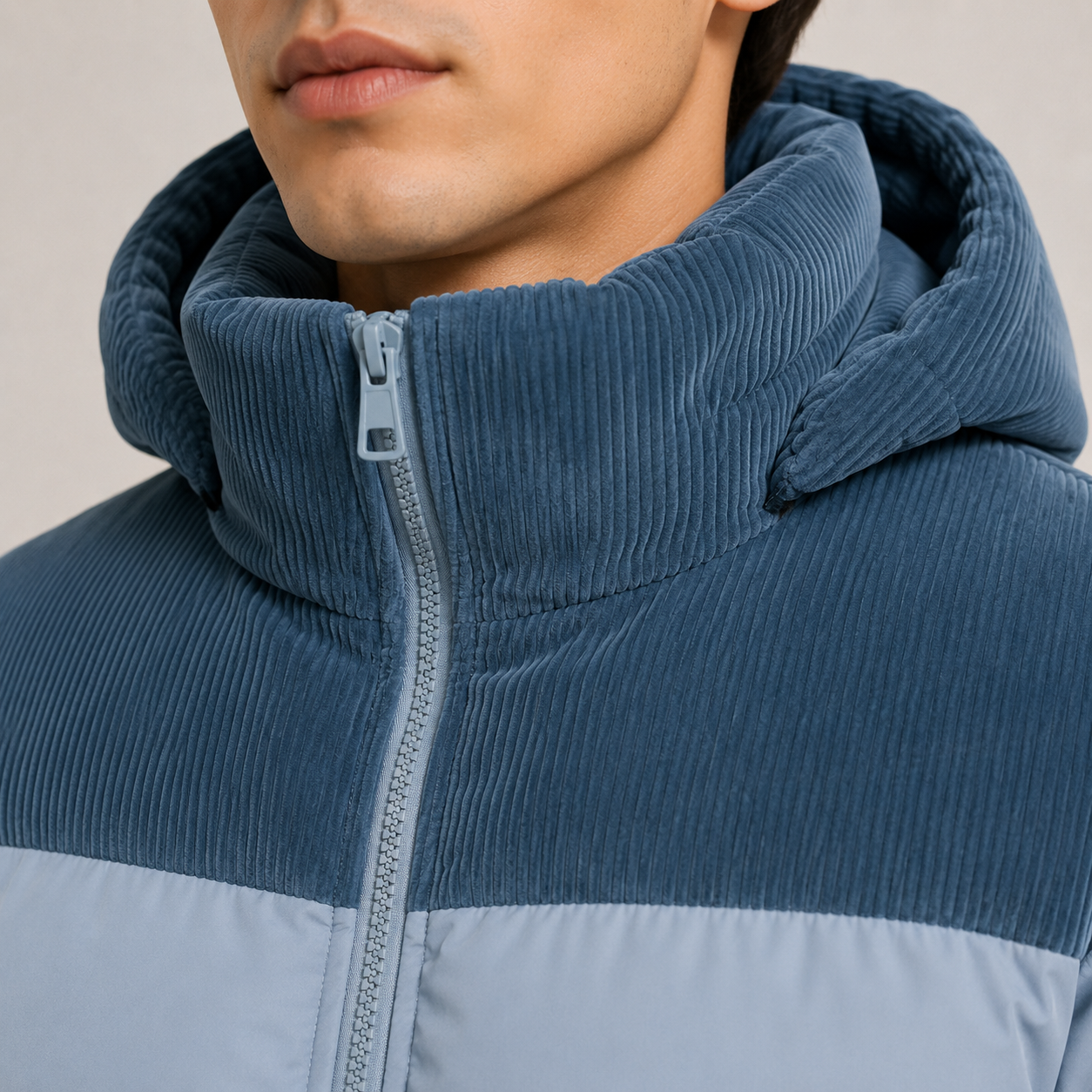 Close-up of a person wearing a blue corduroy hooded puffer jacket with a light gray lower panel and zipper.