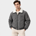 Men's gray shearling collar jacket with button closure and front pockets