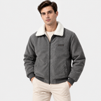 Men's gray shearling collar jacket with button closure and front pockets