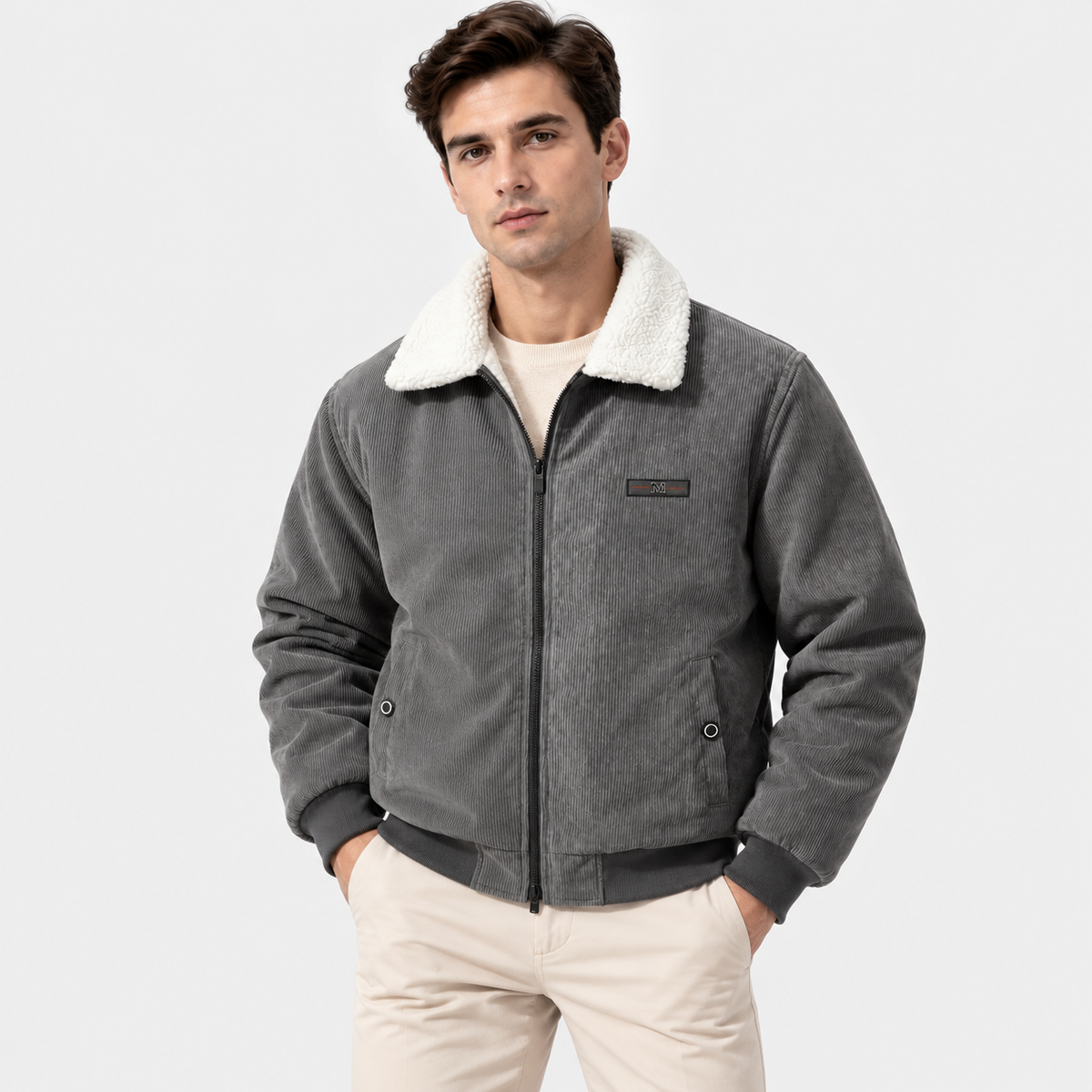 Men's gray shearling collar jacket with button closure and front pockets