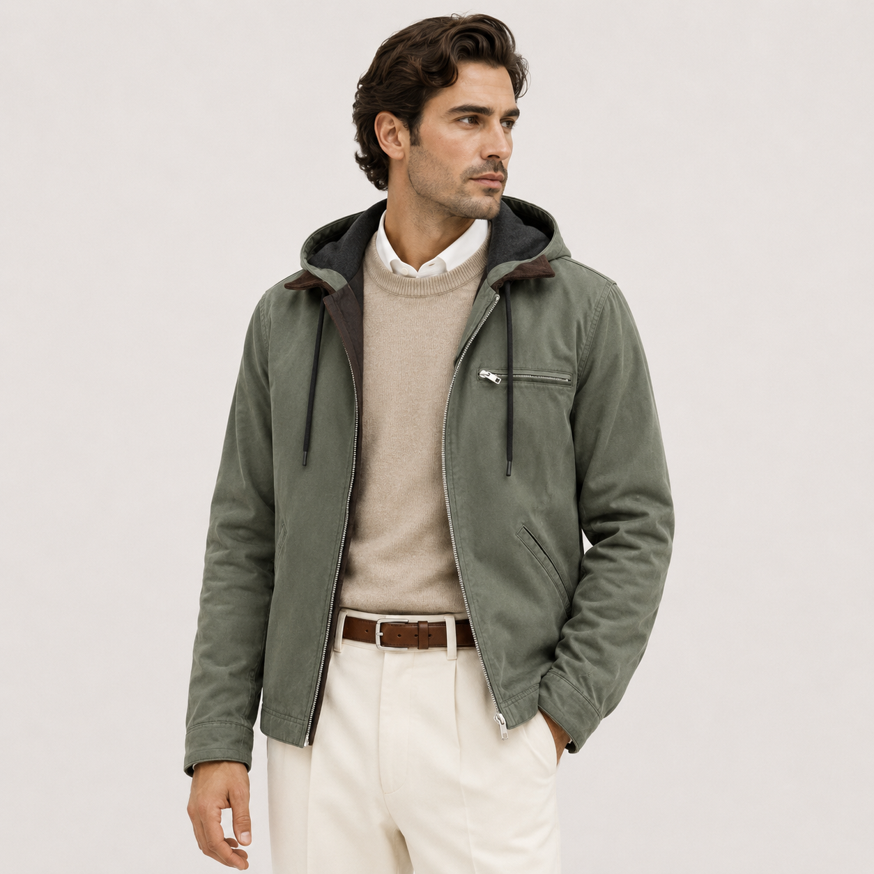 A man wearing an olive green hooded jacket over a beige sweater and white trousers, photographed against a plain light gray studio background.