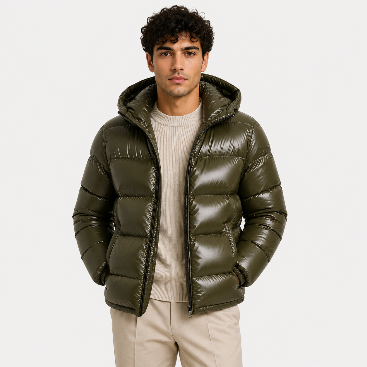 A man wearing a shiny olive green hooded puffer jacket over a cream ribbed sweater and beige trousers, photographed against a plain light gray studio background.