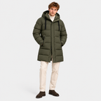 Back view of a men's dark olive green long puffer coat with hood