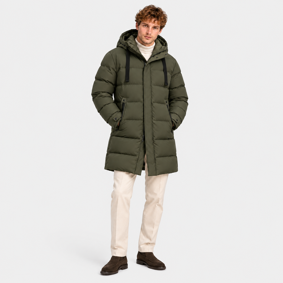 Back view of a men's dark olive green long puffer coat with hood