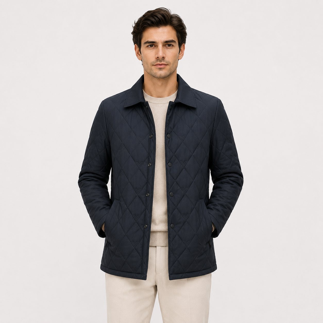 A man wearing a dark navy blue diamond-quilted jacket over a light beige crewneck sweater and beige trousers, standing against a solid off-white background.