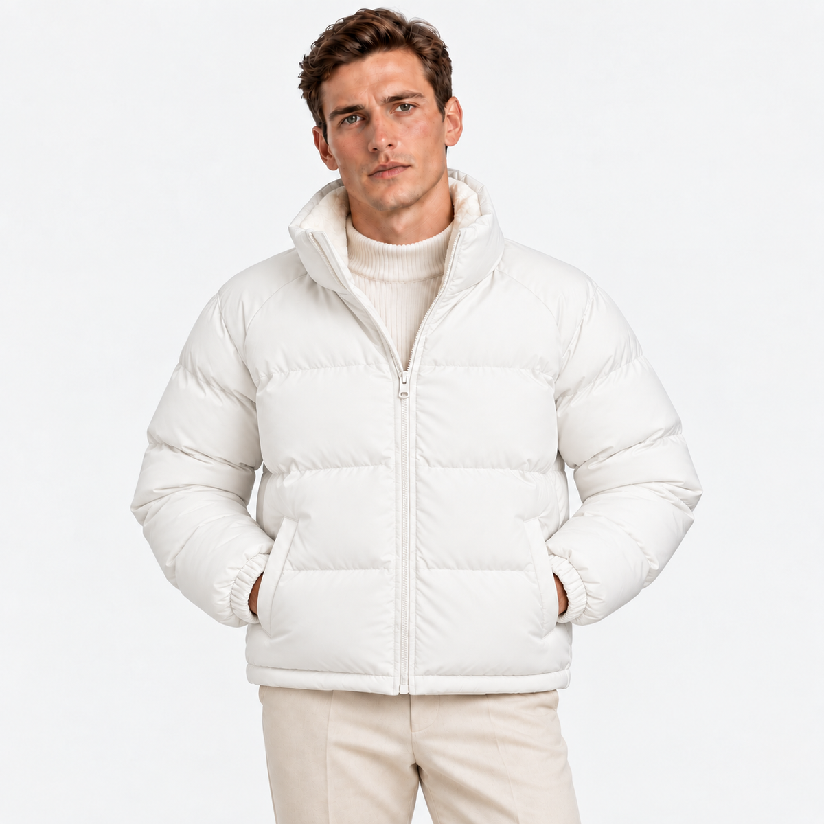 Men's white quilted puffer jacket with stand collar and front pockets
