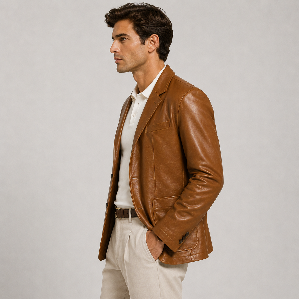A man in profile wearing a smooth brown leather blazer over a white collared shirt and off-white trousers, photographed against a plain light gray studio background.
