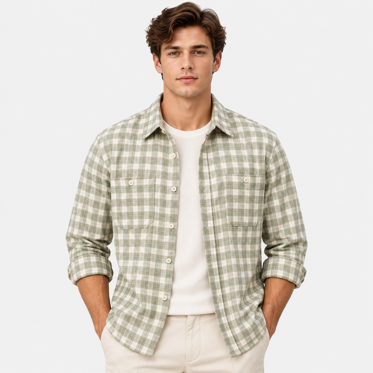 A man wearing a light sage green and white gingham plaid button-down shirt over a white t-shirt and cream pants, standing against a plain white studio background.