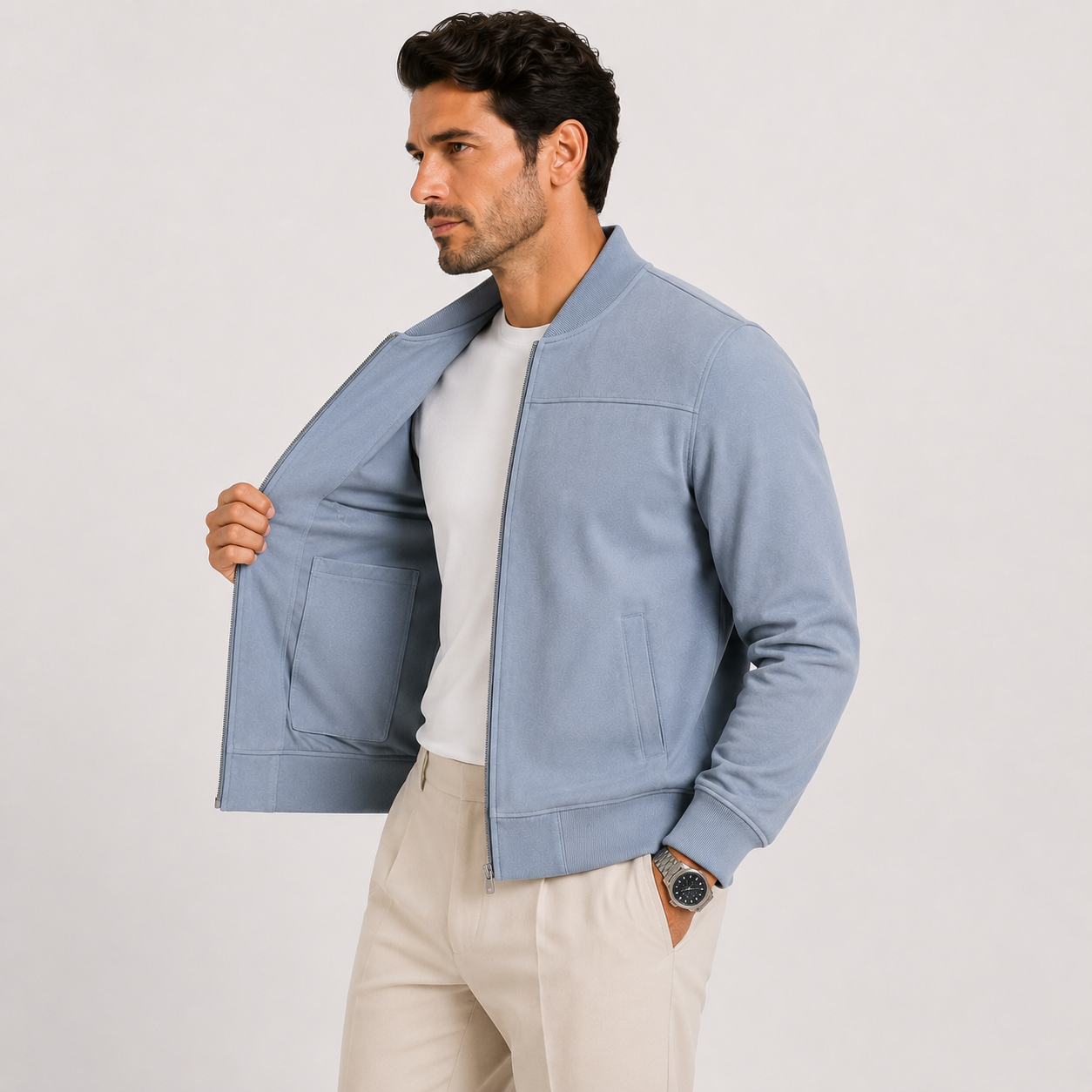 A man wearing a light blue zip-up bomber jacket over a white t-shirt and beige trousers, standing against a light gray studio background.