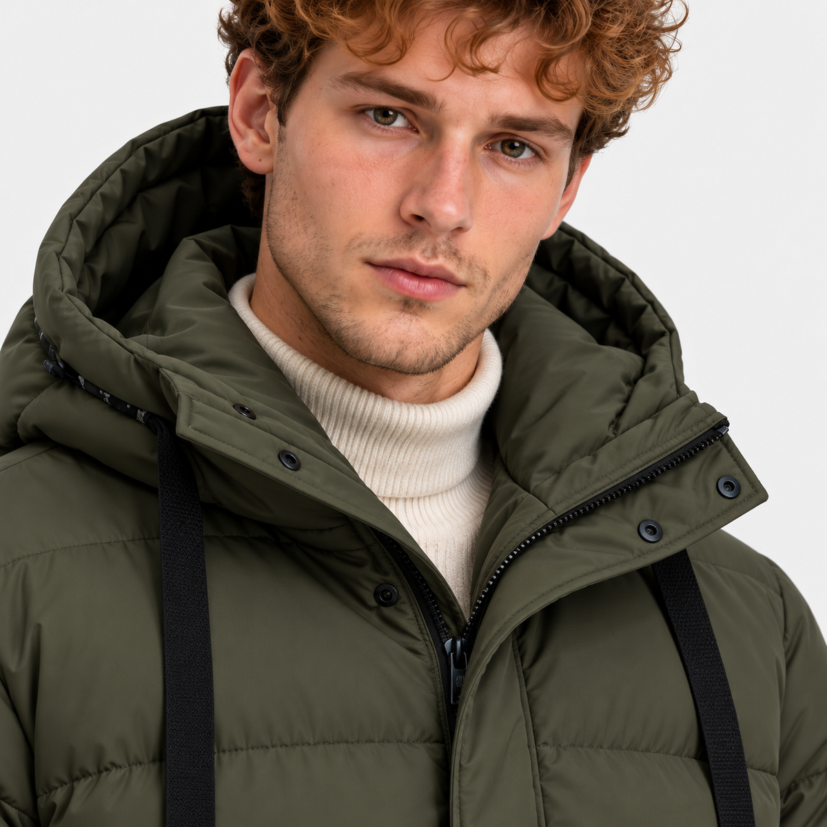 Close-up of men's olive green puffer coat with adjustable hood and high collar