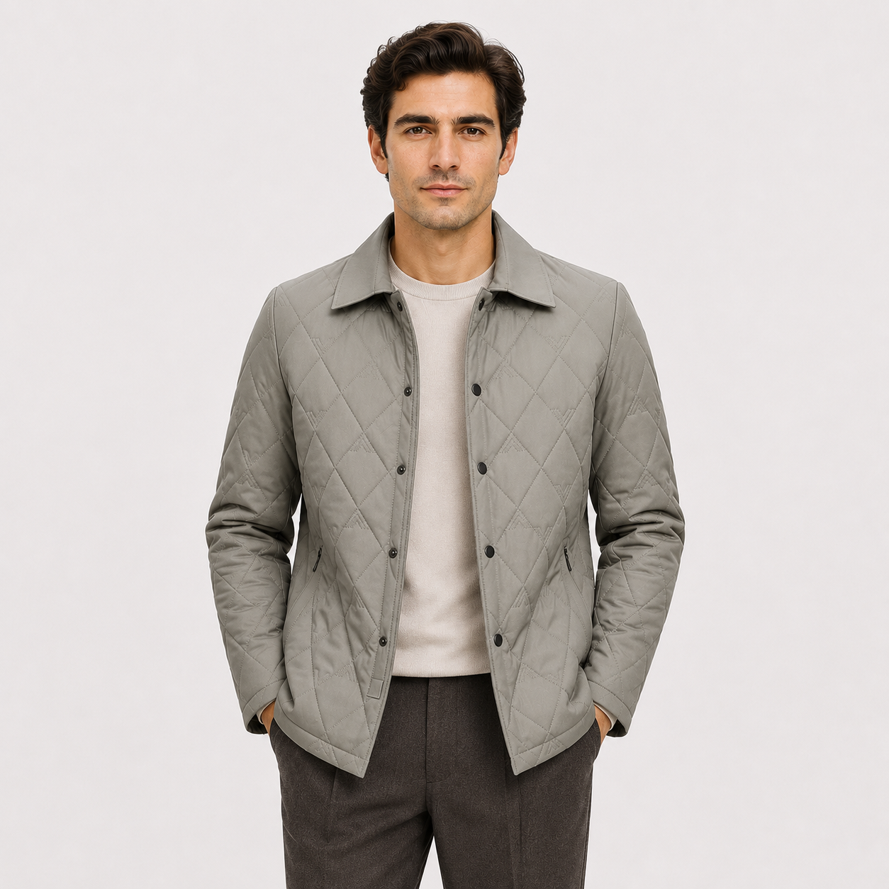 A man wearing a light gray diamond-quilted button-up jacket over a cream crewneck sweater and dark gray trousers, standing against a light gray studio background.