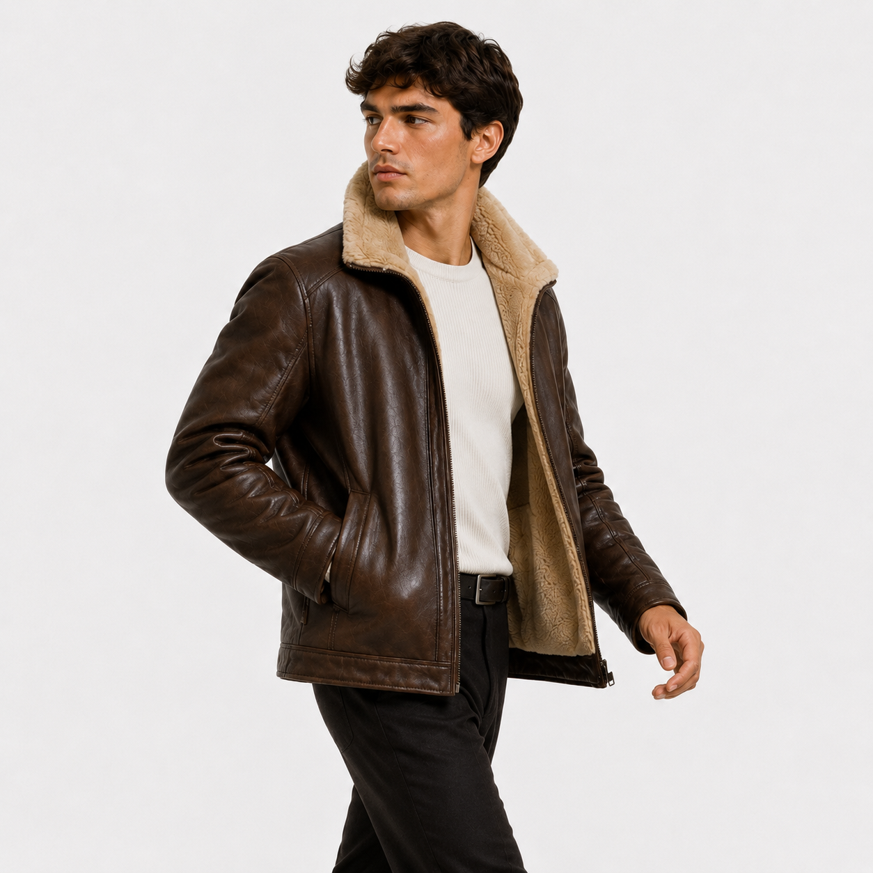 A man wearing a brown leather aviator-style jacket with a beige sherpa lining, paired with a white t-shirt and black pants, photographed against a solid light gray background.