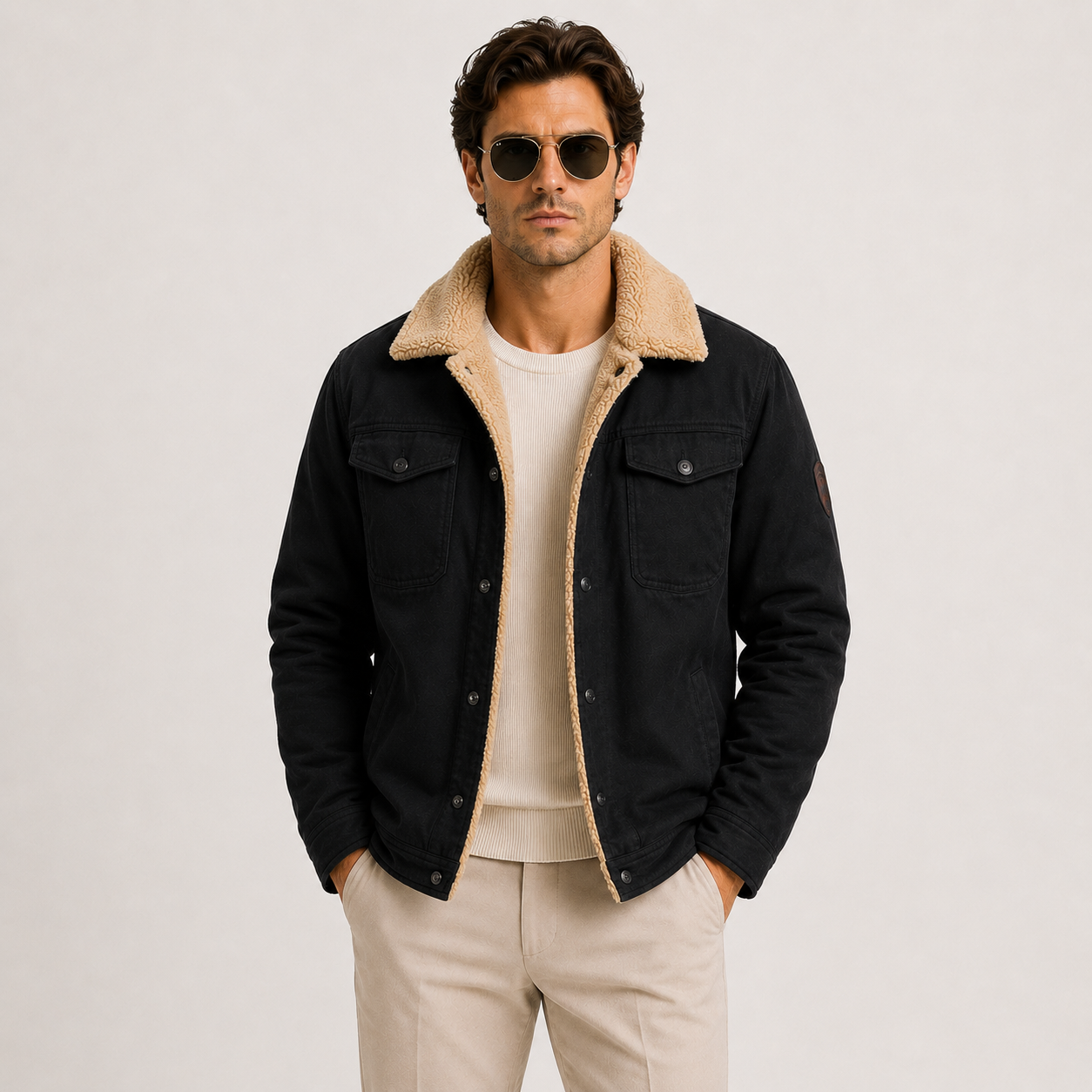 A man wearing a black denim-style jacket with a beige sherpa collar, layered over a cream t-shirt and beige trousers, standing against a light gray studio background.