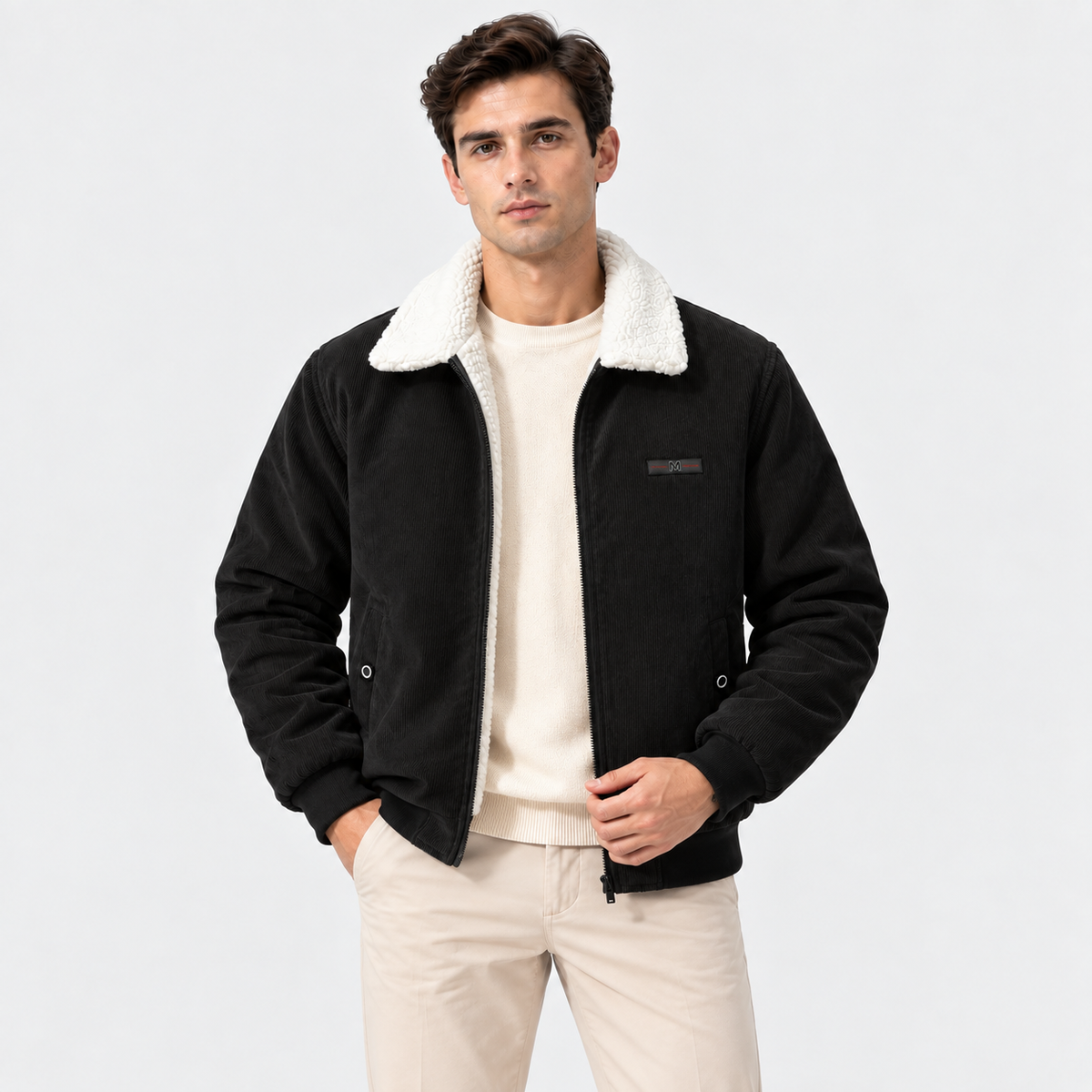 Men's black shearling collar jacket styled with a white shirt and pants