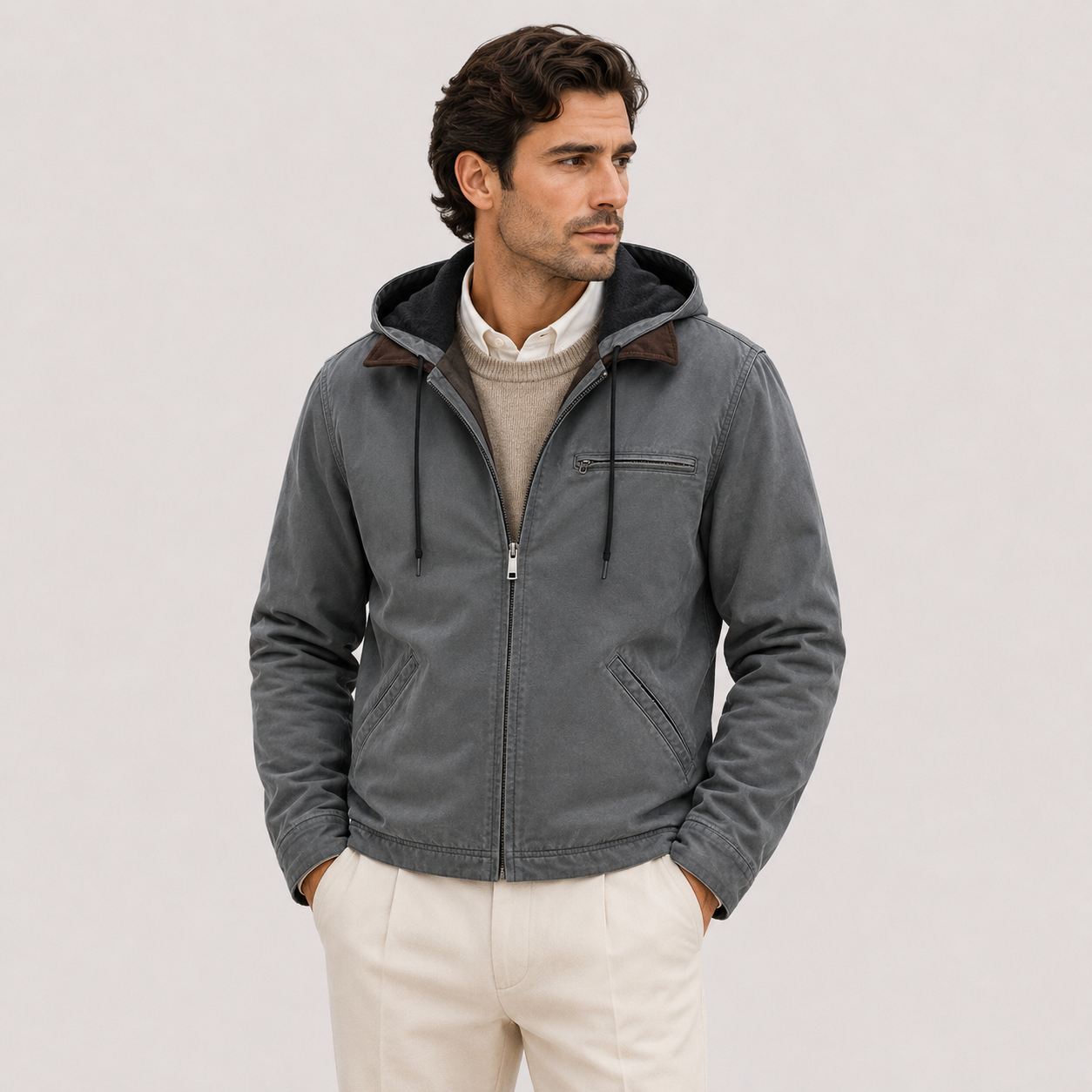 A man wearing a dark gray zip-up hooded jacket over a beige sweater and white pants, standing against a light gray studio background.