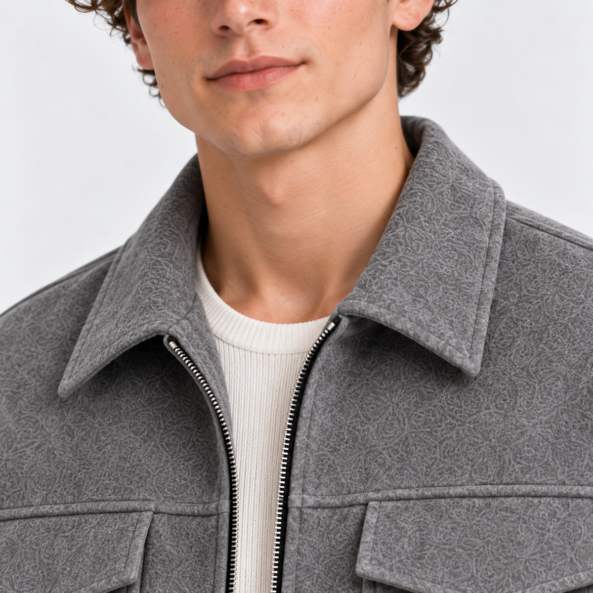 Close-up of men's gray jacket with pointed collar, front zipper, and textured fabric