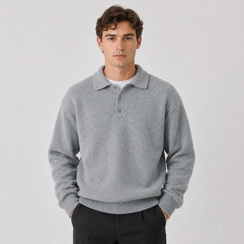 A man wearing a light gray knit polo sweater over a white undershirt and dark trousers, standing against a plain light gray studio background.