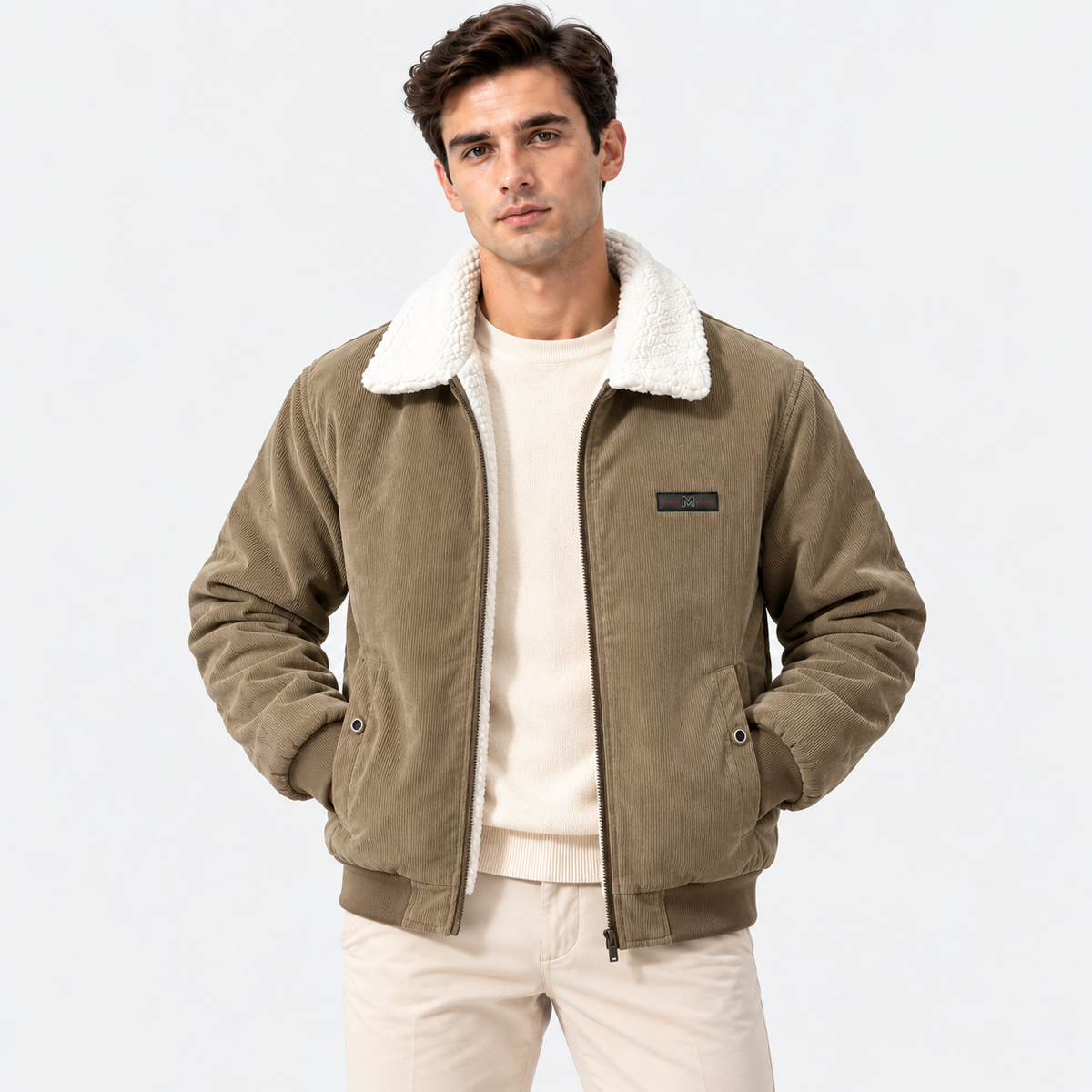 Men's khaki shearling collar jacket styled with a white shirt and pants