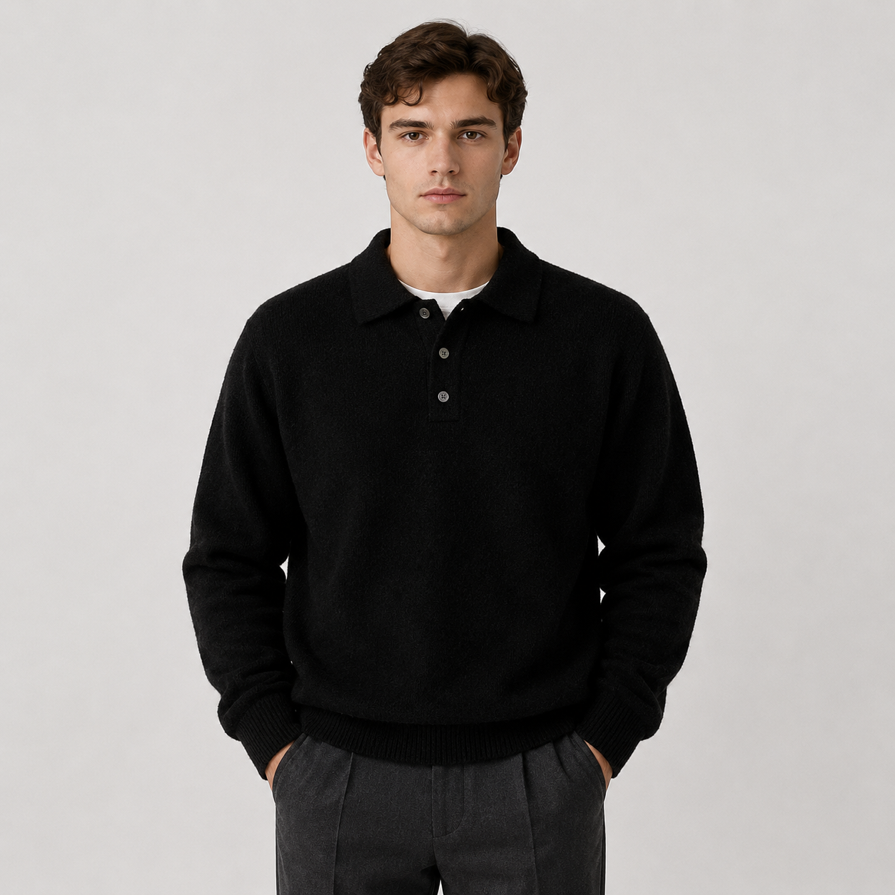 A man wearing a black knit polo sweater over a white undershirt and dark gray trousers, standing against a light gray studio background.