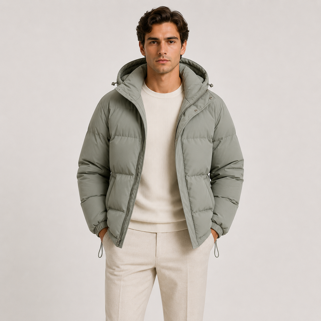 A man wearing a sage green hooded puffer jacket over a cream sweater and cream trousers, standing against a light gray studio background.