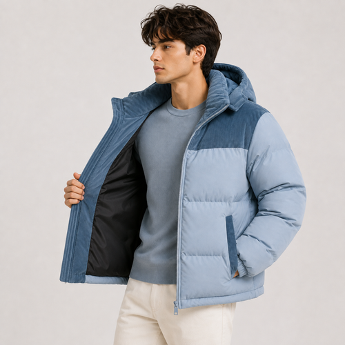 A man wearing a light blue and navy color-blocked puffer jacket over a gray t-shirt and cream pants, standing against a light gray studio background.