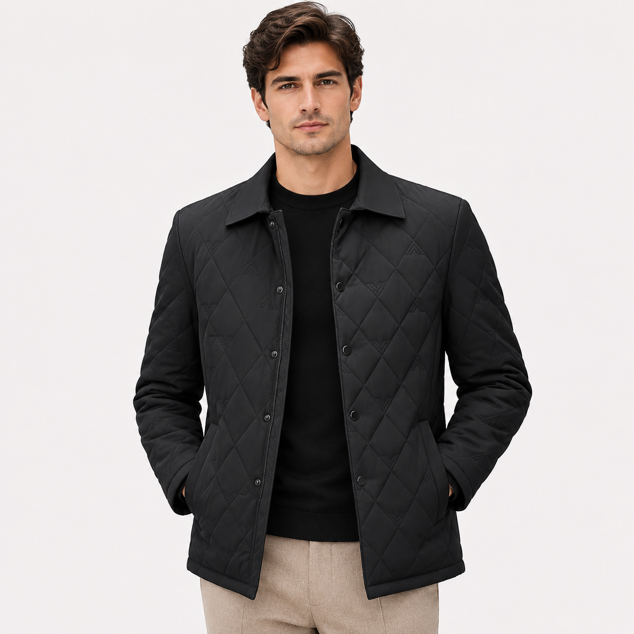 A man wearing a black diamond-quilted jacket over a black shirt and beige trousers, standing against a light gray studio background.