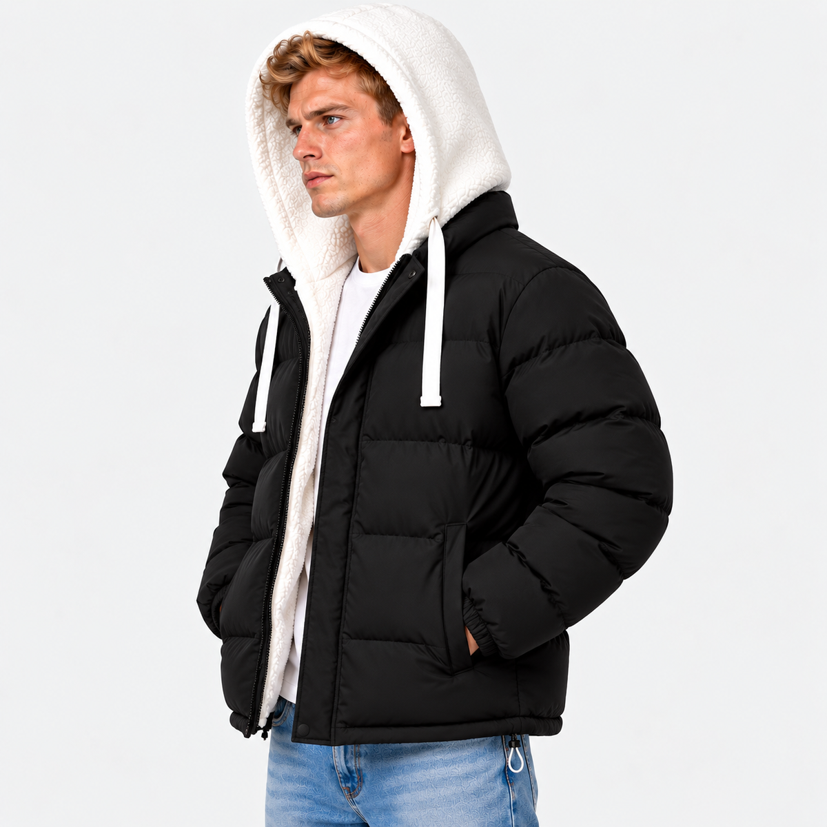 Side view of a man wearing a black puffer jacket with white hood and drawstrings