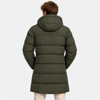 Men's black long hooded puffer coat with quilted design and front pockets