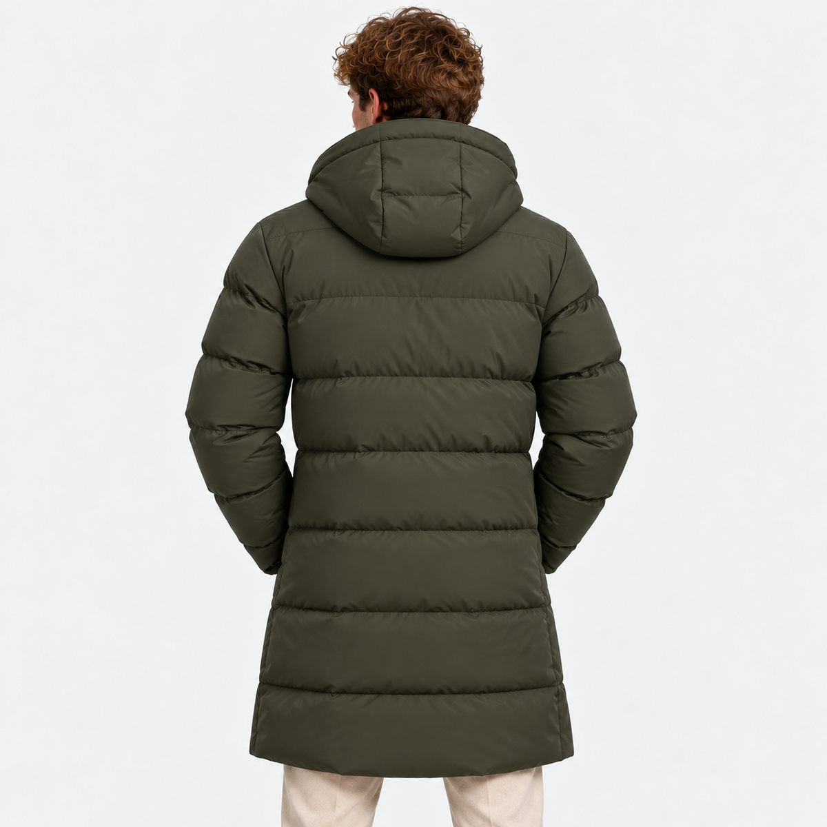 Men's black long hooded puffer coat with quilted design and front pockets