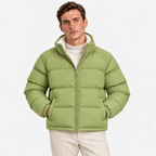 Men's light green quilted puffer jacket with stand collar and front pockets