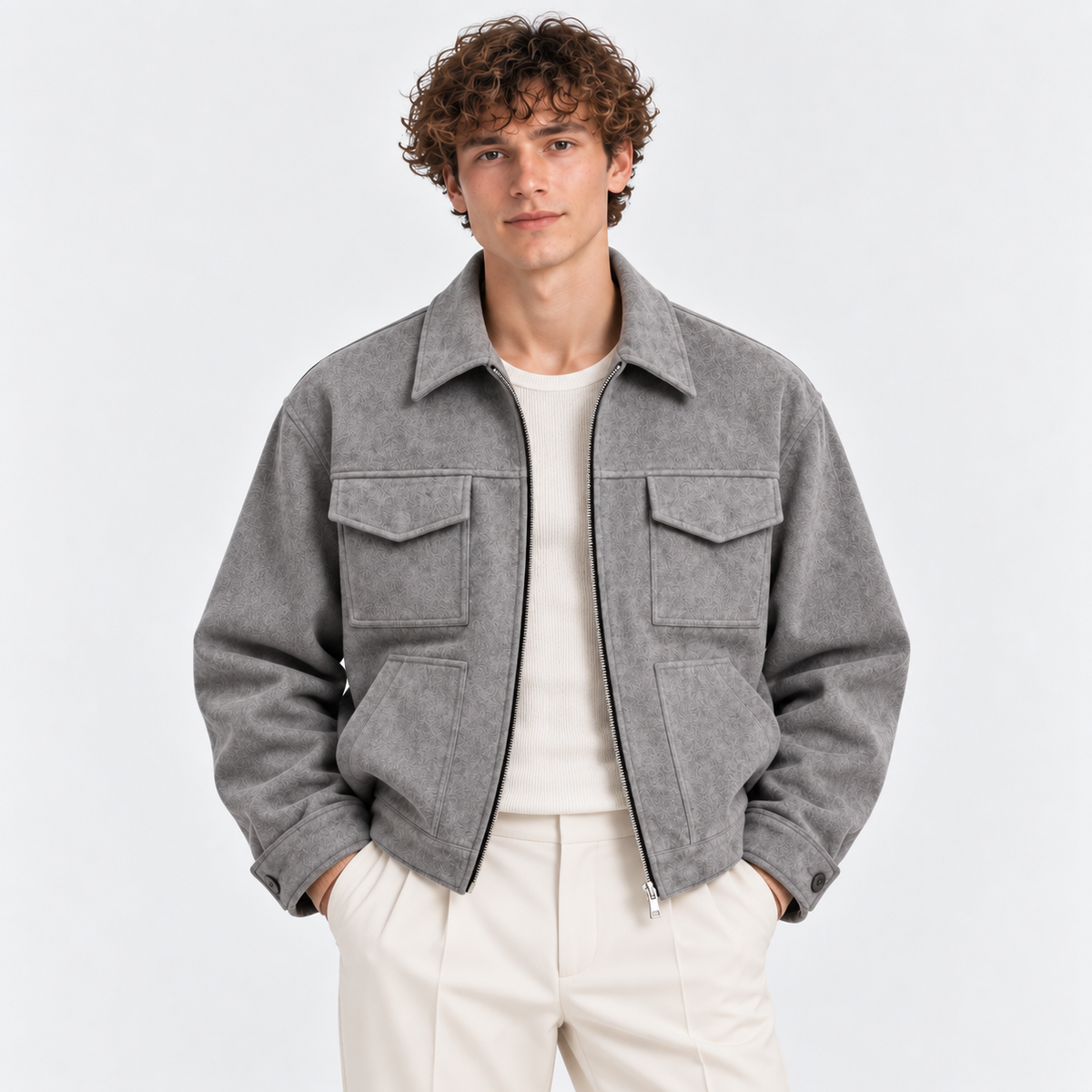 Men's gray zip-up jacket with pointed collar, flap chest pockets, and relaxed fit