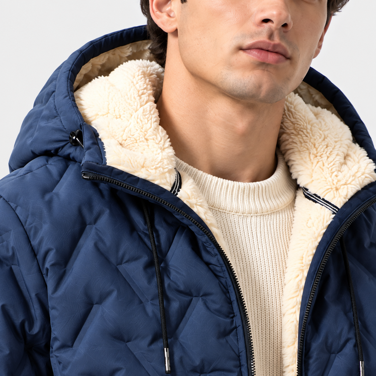 A close-up of a man wearing a navy blue quilted puffer jacket with a thick cream sherpa fleece lining on the hood and collar, layered over a cream ribbed knit sweater.
