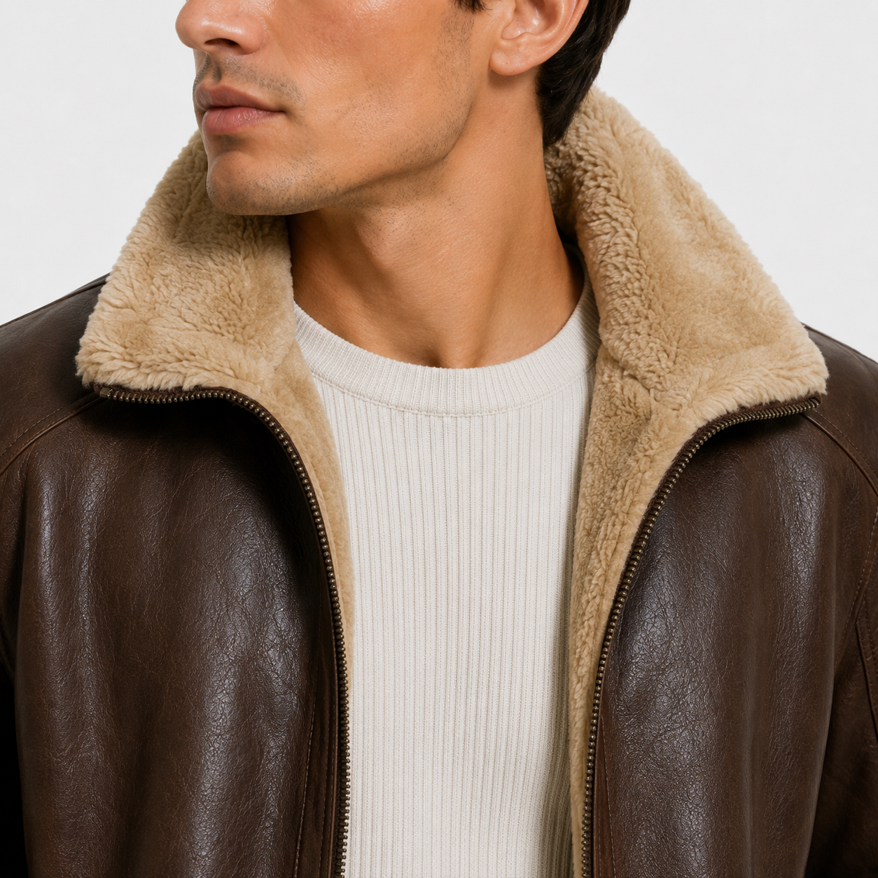 Close-up of a man wearing a brown leather jacket with a thick beige shearling collar over a cream ribbed sweater, against a light gray background.