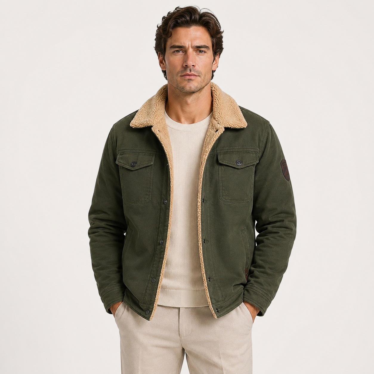 A man wearing an olive green corduroy jacket with a beige sherpa collar, layered over a cream sweater and beige trousers, photographed against a plain light gray studio background.