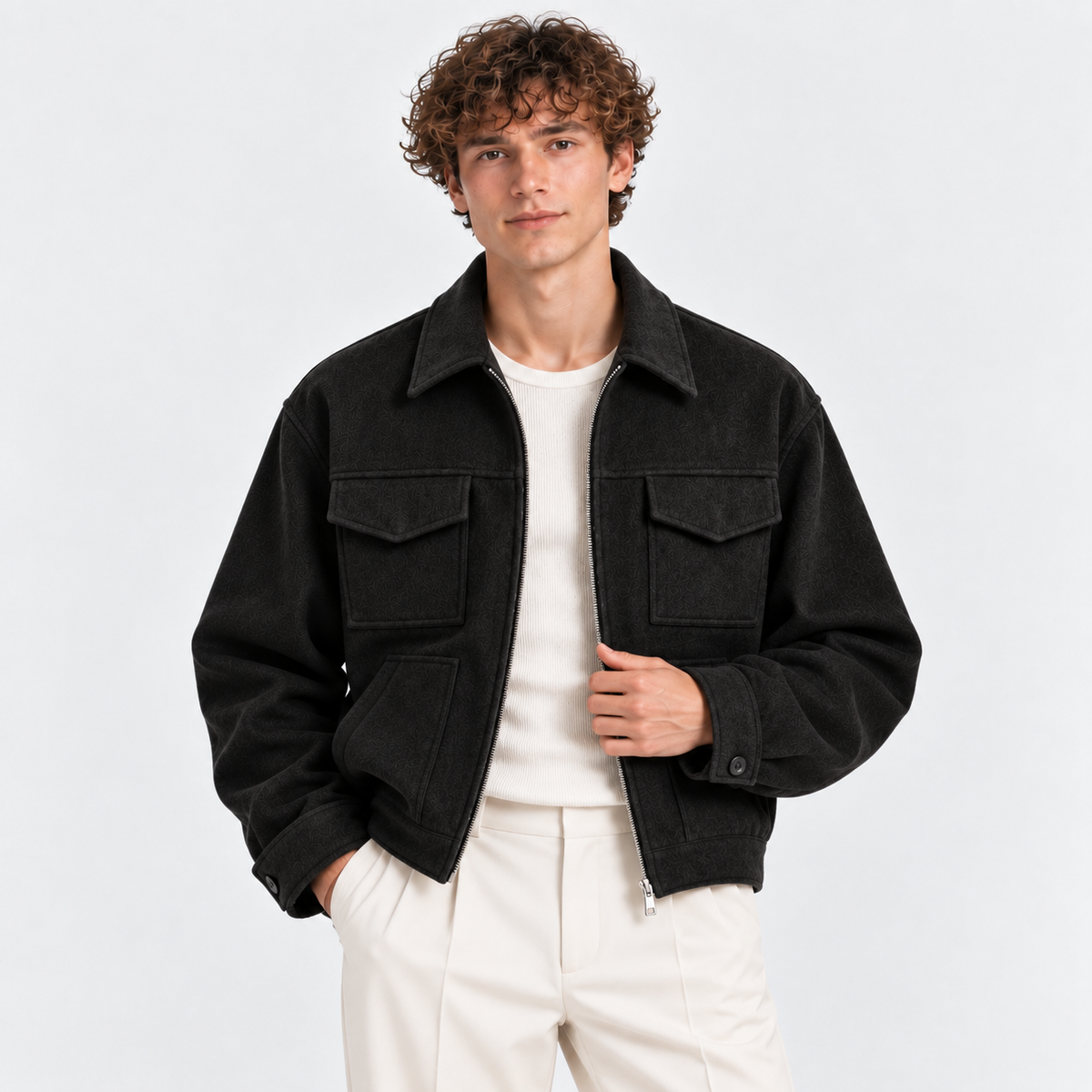 Men's black zip-up jacket with pointed collar and flap chest pockets