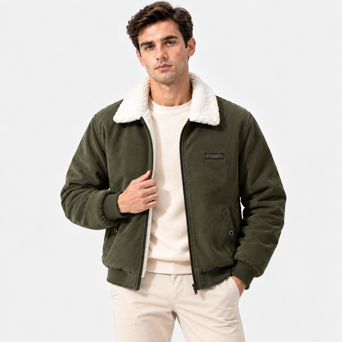 Men's dark green shearling collar jacket styled with a white shirt and pants
