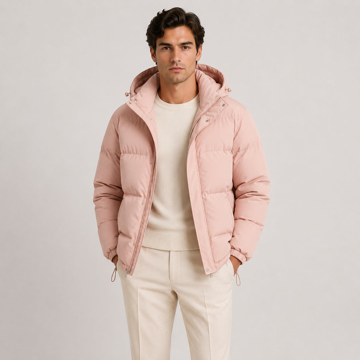 A man wearing a light pink hooded puffer jacket over a cream sweater and cream trousers, standing against a plain light gray studio background.