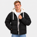 Men's black quilted puffer jacket with white hood, drawstrings, and front pockets