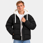 Men's black quilted puffer jacket with white hood, drawstrings, and front pockets