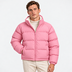 Men's pink quilted puffer jacket with stand collar and front pockets