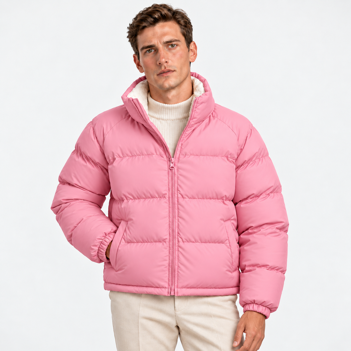 Men's pink quilted puffer jacket with stand collar and front pockets